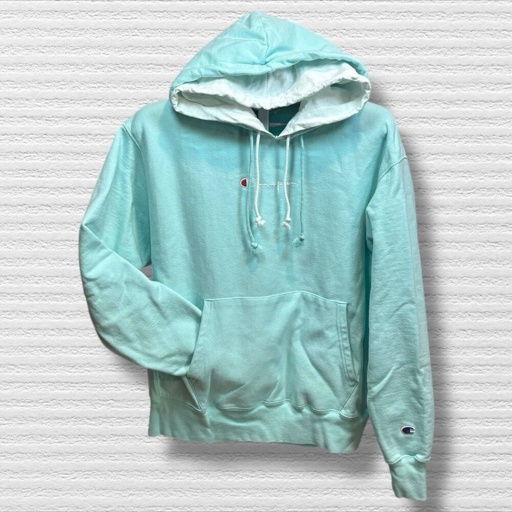 Champion Reverse Weave Double Hoodie In Ice Fall/white Size Large